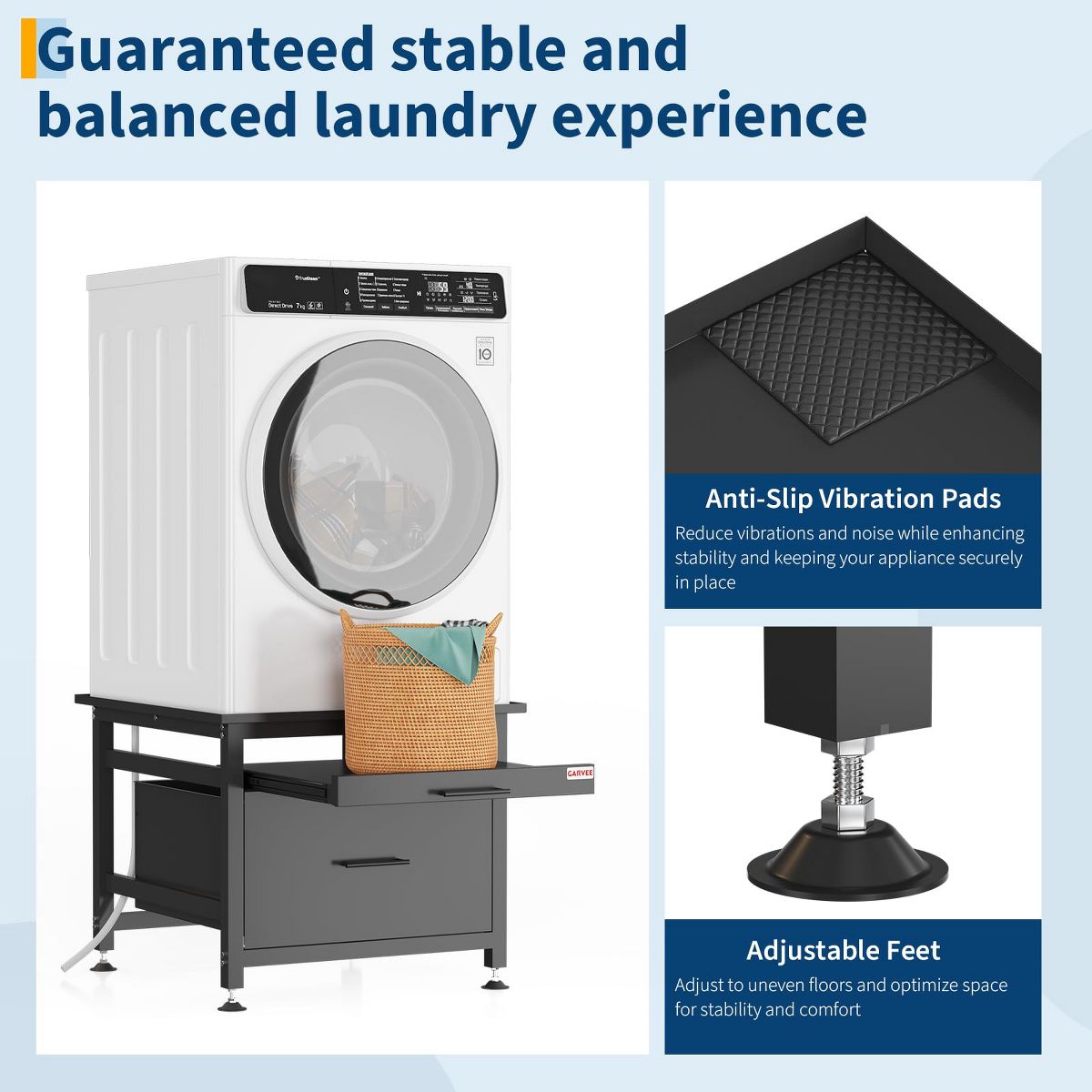 Heavy Duty Metal Washer and Dryer Pedestal Stand - Pullout Shelf & Storage Drawer, Global Anti-Vibration Riser, Adjustable Feet, 850 lbs - thumbnail 6