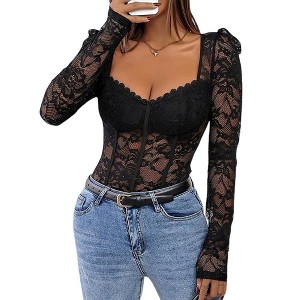 Women's Sexy Lace Bodysuit Deep V Neck Body Suits Sheer Long Sleeve Slim Fit Leotards Tops - 1 of 4