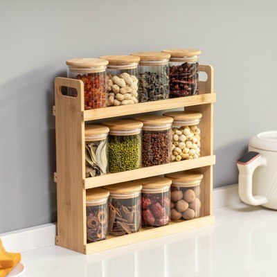 Basicwise 3-Tier Bamboo Spice Rack & Pantry Organizer with 12 Glass Jars.Perfect for Storage in Kitchens to Keep Seasoning Containers Neatly Displayed — фото 2