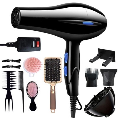 Morfone 12pcs-in-1 multi-function hair dryer with comb and hair clips, featuring high power and capable of both heating and cooling.