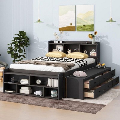 Streamdale Full Bed With Bookcase Headboard, Under Bed Storage Drawers And Bed End Storage Case, Espresso