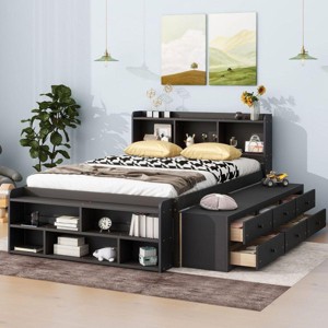 Streamdale Full Bed With Bookcase Headboard, Under Bed Storage Drawers And Bed End Storage Case, Espresso - 1 of 4