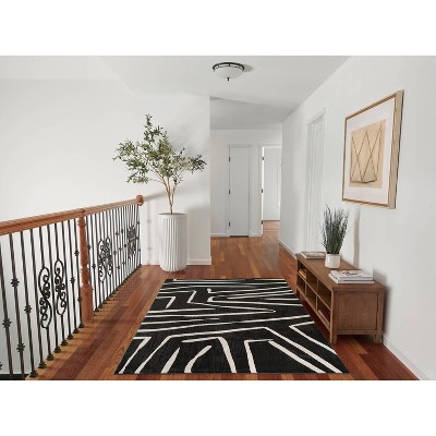 Black and Ivory Geometric Polyester Runner Rug