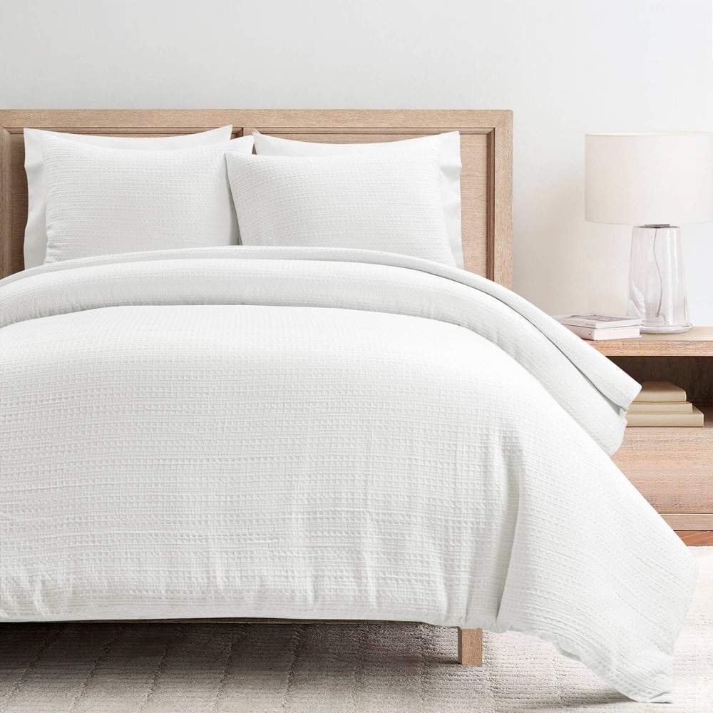 Lush Décor 3pc Full/Queen Haniya Waffle Woven Cotton Textured Duvet Cover Set White: 144 Thread Count, OEKO-TEX Certified