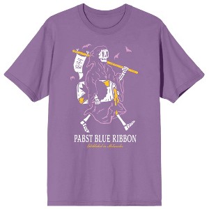 Pabst Blue Ribbon Halloween Skeleton With Beer Crew Neck Short Sleeve Lavender Men's T-shirt - 1 of 2
