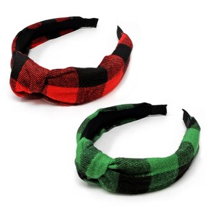 Wrapables Wide Knotted Christmas Headbands for Women, Plaid Holiday Hair Accessories, 2pc Red/Green - 1 of 4