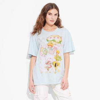 Women's Strawberry Shortcake Checker Oversized Short Sleeve Graphic T-Shirt - Blue