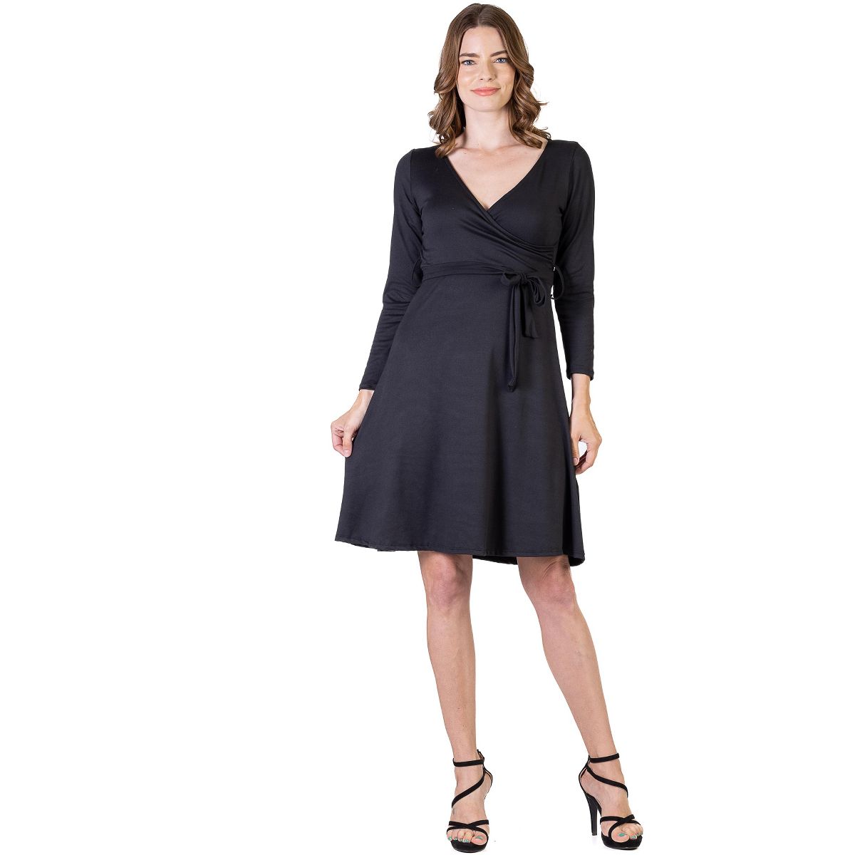 Womens Chic V-Neck Long Sleeve Knee Length A-Line Belted Wrap Dress - 24seven Comfort Apparel™