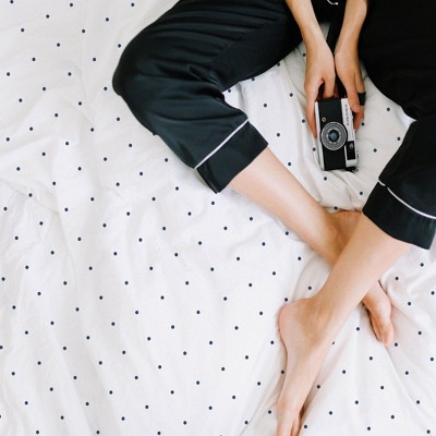 California King White and Navy Blue Cotton Polka Dot Sheet Set