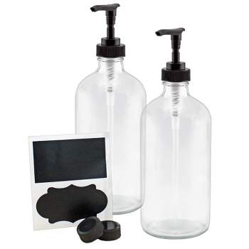 Cornucopia Brands 16oz Clear Glass Pump Bottles 2pk; Refillable Black Soap Dispenser Lotion Pump