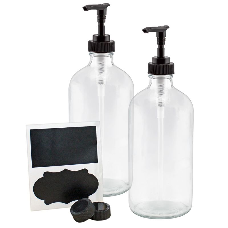 Cornucopia Brands 16oz Clear Glass Pump Bottles 2pk; Refillable Black Soap Dispenser Lotion Pump, 1 of 9