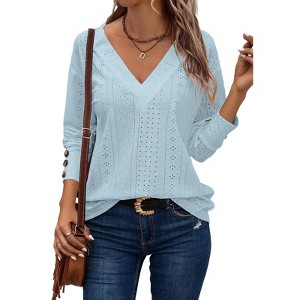 Women's Blouse V-Neck Top Long Sleeve Button Cuff Casual Blouse Hollow Out Shirt - 1 of 4