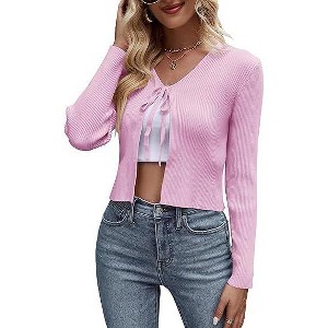 Coolmee Women's Tie Front Cardigan Long Sleeve Rib Knit Shrug for Dress Sweaters Crop Tops - 1 of 4