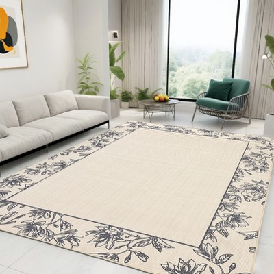 Washable Modern Bordered Rug Non Slip Low Pile Rug Soft Floral Throw Floor Cover Foldable Indoor Carpet for Living Room Bedroom Playroom Nursery
