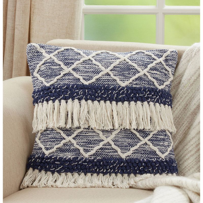 18&#34;x18&#34; Poly-Filled Moroccan Design Square Throw Pillow with Fringe Navy - Saro Lifestyle, 4 of 6