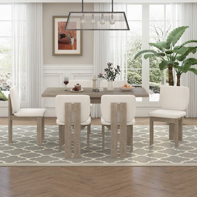 7 Piece Dining Set, Dining Set Solid Wood, Dining Table Set For 6 With Upholstered Chairs And Designed Trestle Base For Kitchen-Cuddlewood