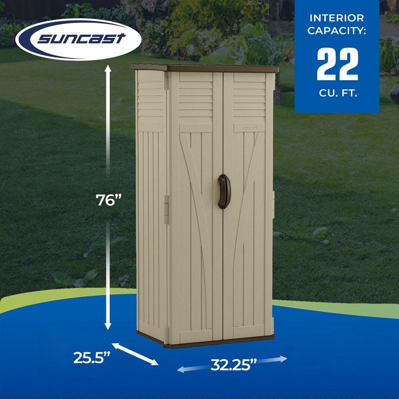 Suncast BMS2000 22-Cubic Feet Durable All-Weather UV-Resistant Vertical Tall Storage Shed for Garden, Backyard, Patio, or Pool Supplies, Brown, 3 of 7