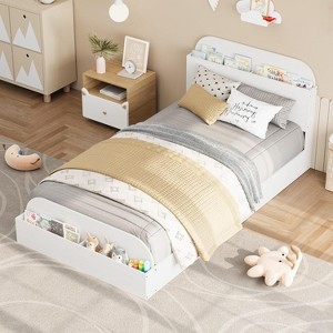 Twin Size Bed Frame with Storage Headboard and Raised Footboard, Wooden Low-Profile Platform Bed for Kids, Sturdy Slat Support, No Box Spring Needed - 1 of 4