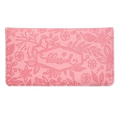 Juvale Checkbook Cover Wallet Credit Card Holder with RFID Blocking, Embossed Floral Design with Blessed Imprint for Women, PU Leather Pink