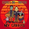Men's Design By Humans Chillin with my creeps 80's style halloween characters By MerchHQ T-Shirt - 2 of 4