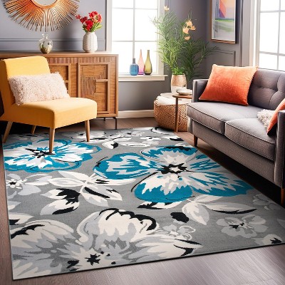 Elegant Floral Blue 5' x 7' Easy-Care Synthetic Area Rug