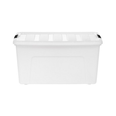 IRIS USA 70 Quart Stack and Pull Clear Modular Nesting Stacking Black Latching Storage Container Box Organizer Tote Bin for Home Household Storage