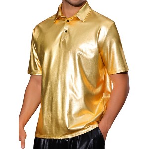 Lars Amadeus Men's Shiny Collar Neck Short Sleeves Sparkle Club Party Polo T-Shirts - 1 of 4