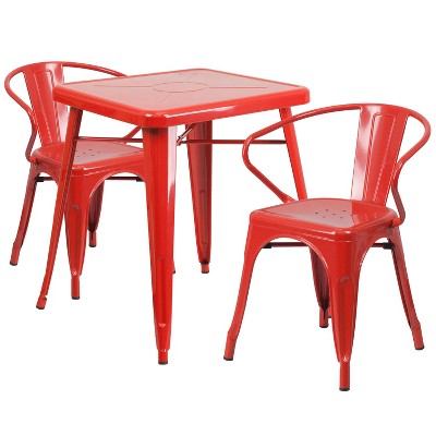 Flash Furniture Commercial Grade 23.75" Square Metal Indoor-Outdoor Table Set with 2 Arm Chairs