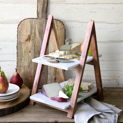 Two-Tier White Marble and Wood A-Frame Cheese Server