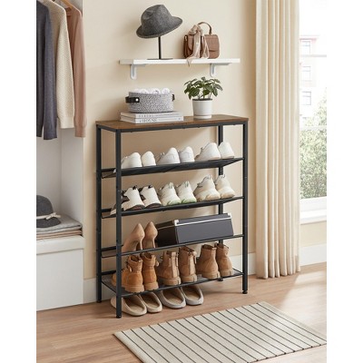VASAGLE 5-Tier Rustic Brown and Black Shoe Rack with Fabric Shelves
