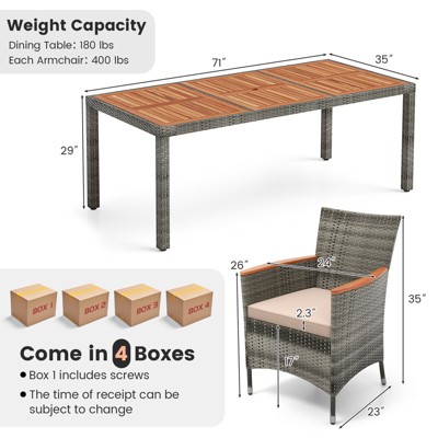 Mix Gray 9-Piece Outdoor Wicker Dining Set with Acacia Wood Table and Beige Cushions