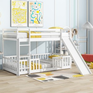TIRAMISUBEST Twin Over Twin Size Floor Bunk Bed with Slide, Ladder and Door, Solid Pine Wood Bunk Bedframe with Safety Guardrails - 1 of 4