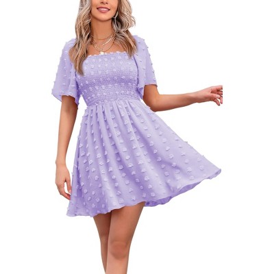 EXLURA Women's Summer Casual Square Neck Dresses Ruffle Short Sleeve Swiss Dot Flowy Mini Dress
