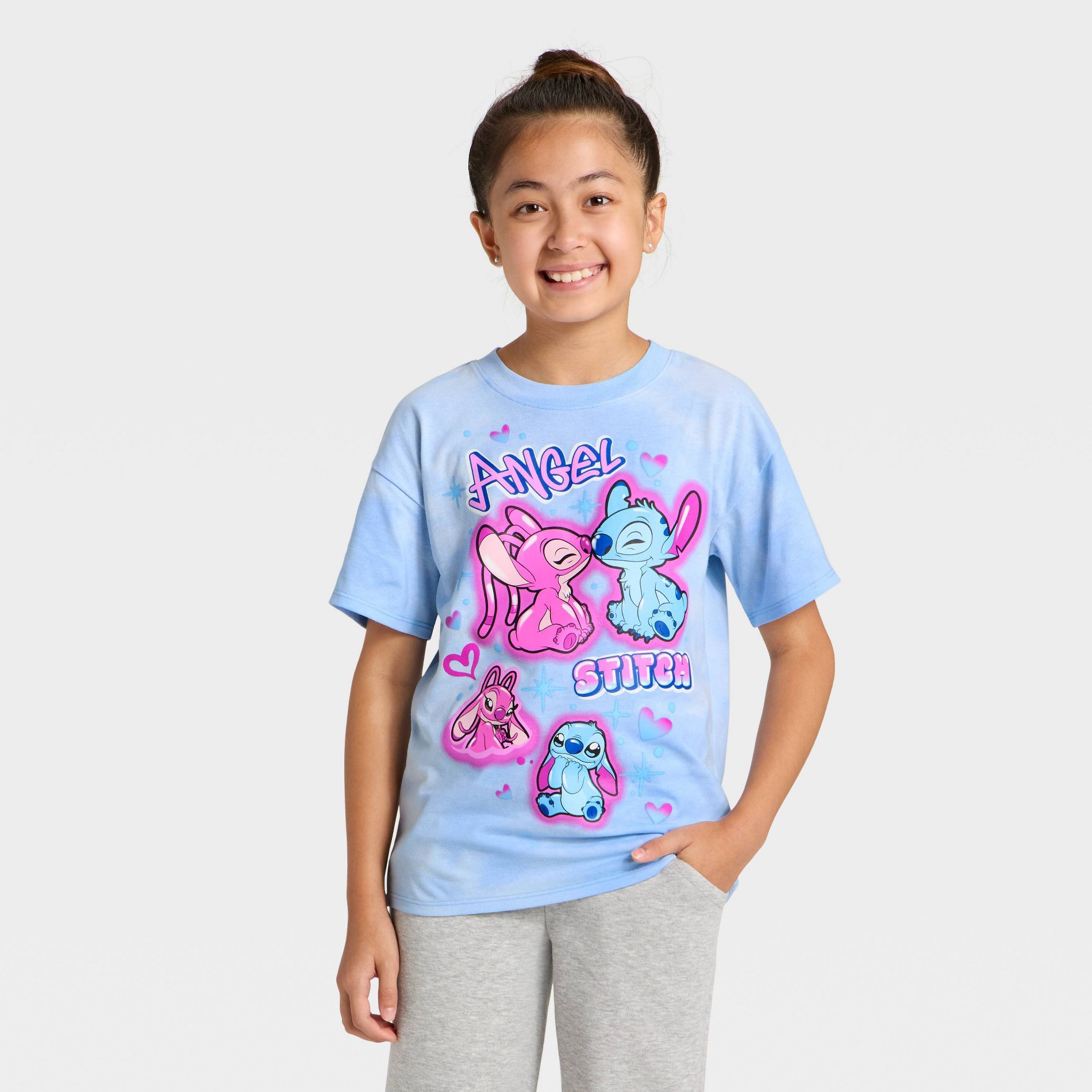Girls' Disney Stitch and Angel Short Sleeve Oversized Graphic T-Shirt - Blue