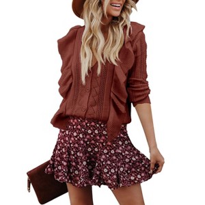 Womens V Neck Button Down Sweaters Tops Casual Long Sleeve Ruffle Knit Cardigan Sweater Outwear - 1 of 2