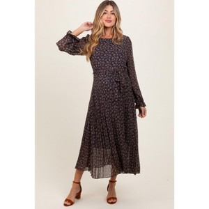 Pinkblush Navy Blue Floral Front Tie Pleated Maternity Midi Dress - 1 of 4