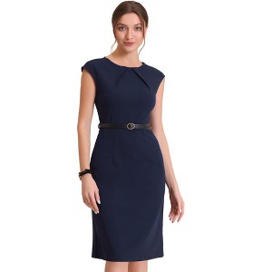 INSPIRE CHIC Women's Elegant Business Round Neck Belted Cap Sleeve Work Sheath Dresses - 1 of 4