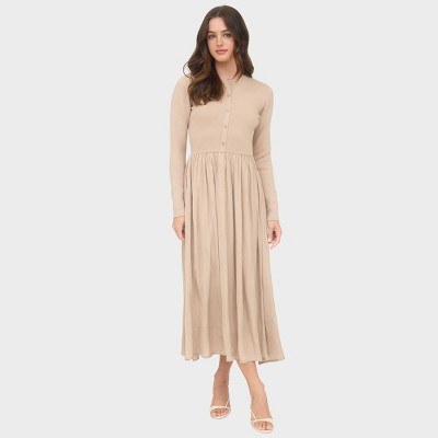 August Sky Women's Front Button Up Mixed Media Midi Dress