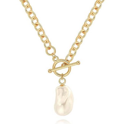 18k Gold Chain Link Necklace - HTUTWOO™ for Women, Baroque Pearl/Compass Pendant Necklace