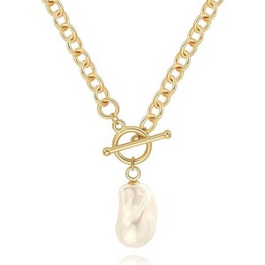 18k Gold Chain Link Necklace - HTUTWOO™ for Women, Baroque Pearl/Compass Pendant Necklace - 1 of 4