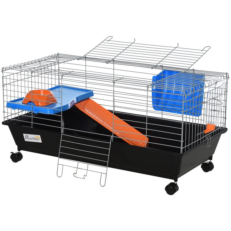 PawHut Small Animal Cage, Rolling Dwarf Bunny Cage, Guinea Pig Cage with Food Dish, Water Bottle, Hay Feeder, Platform, Ramp for Chinchilla, 4 of 7