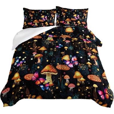 Black-Bottom Mushroom Butterfly Comforter Set, Includes 1 Comforter + 2 pillowcases Suitable,Fantasy Forest,for boys/girls Machine washable