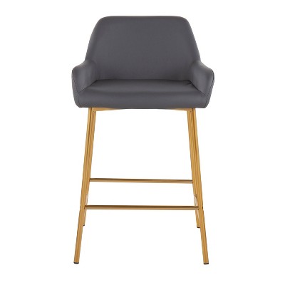 Set of 2 Gold Metal and Gray Faux Leather Counter Stools