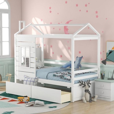 Streamdale Twin Size House Bed Wood Bed with Two Drawers (White)