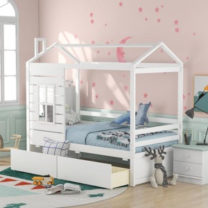 Streamdale Twin Size House Bed Wood Bed with Two Drawers (White) - 1 of 4