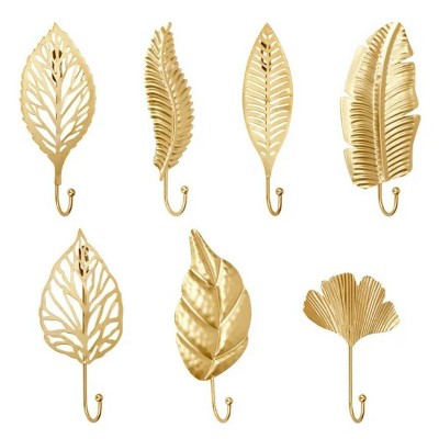 LunaLulinlk 7Pcs Leaves Decorative Wall Hooks for Hanging Heavy Duty,Gold Hanging Key Holder for Wall Decor Metal Coat Hooks Wall Mount