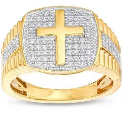 Pompeii3 3/4Ct Men's Diamond Cross Ring 10k Yellow Gold