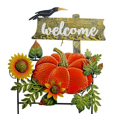 Home & Garden 28.5" Welcome To The Pumpkin Field Yard Decor Crow Sunflower Direct Designs International  -  Decorative Garden Stakes
