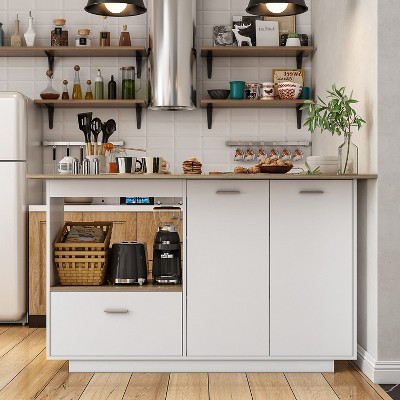 Famapy White Base Oak Table Kitchen Island With 2 Doors and 1 Drawer