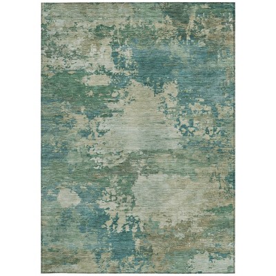 HomeRoots 8' X 10' Teal Blue Beige And Denim Blue Abstract Washable Indoor Outdoor Area Rug
